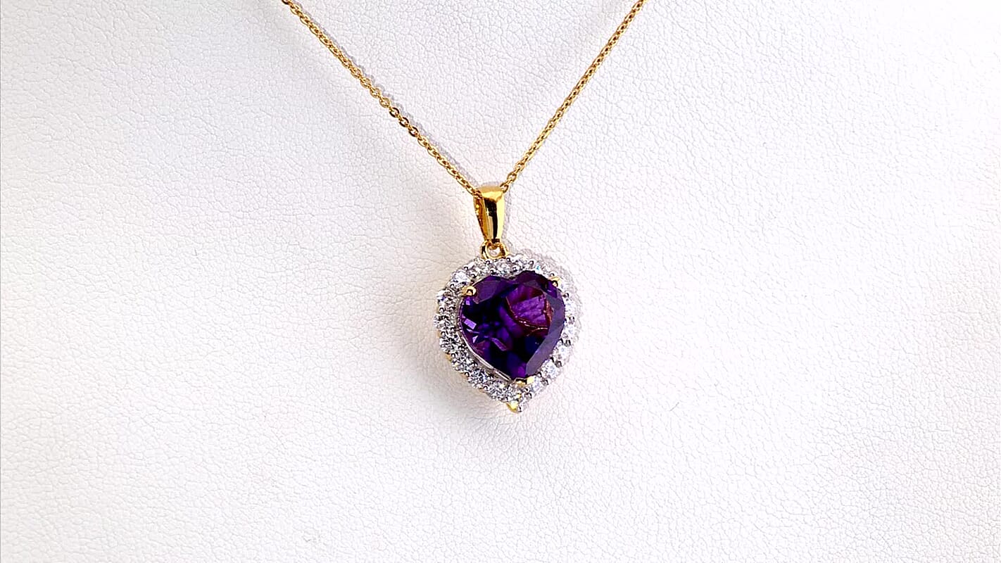 D'Joy AAA Lusaka Amethyst and Moissanite 6.10 ctw Heart Pendant Necklace in 18K Vermeil Yellow Gold Over Sterling Silver 20 Inches