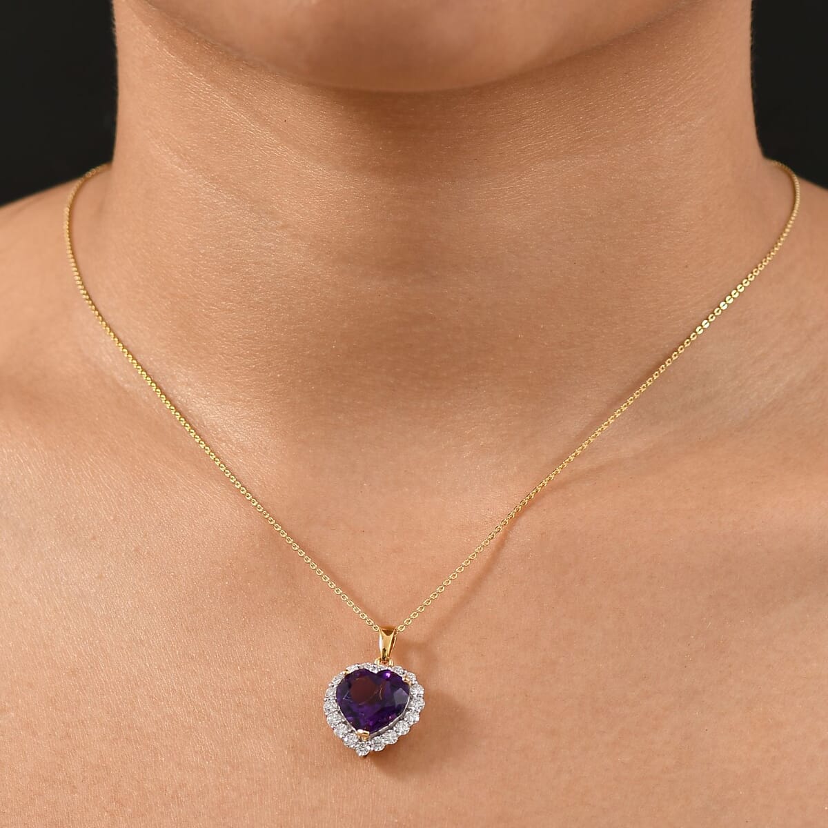 D'Joy AAA Lusaka Amethyst and Moissanite 6.10 ctw Heart Pendant Necklace in 18K Vermeil Yellow Gold Over Sterling Silver 20 Inches image number 2