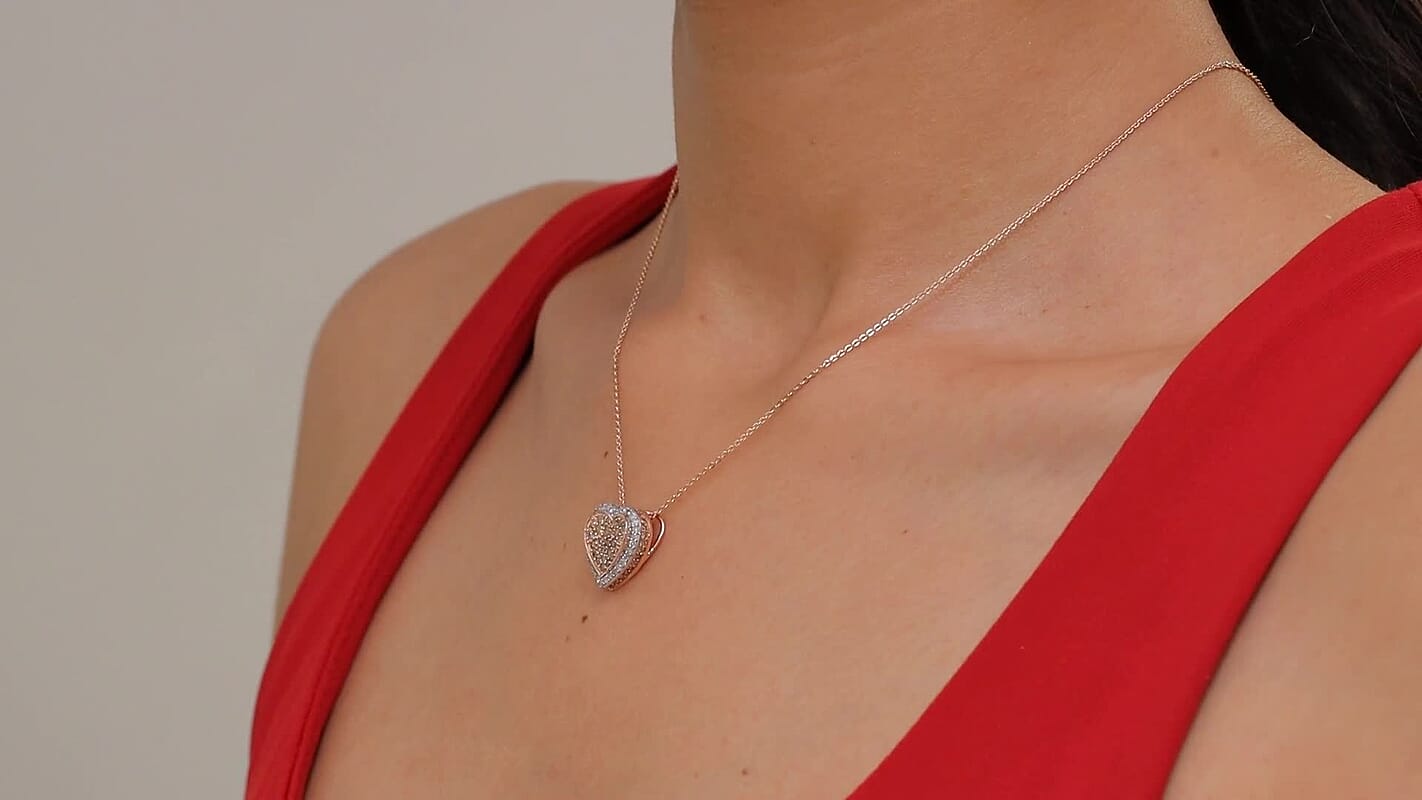 D'Joy Natural Champagne Diamond 1.00 ctw Romantic Heart Pendant Necklace in 18K Vermeil Rose Gold Over Sterling Silver 20 Inches