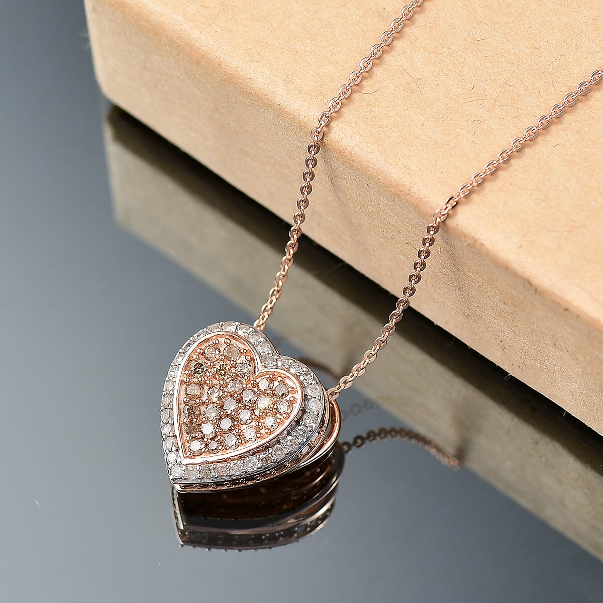 D'Joy Natural Champagne Diamond 1.00 ctw Romantic Heart Pendant Necklace in 18K Vermeil Rose Gold Over Sterling Silver 20 Inches image number 1