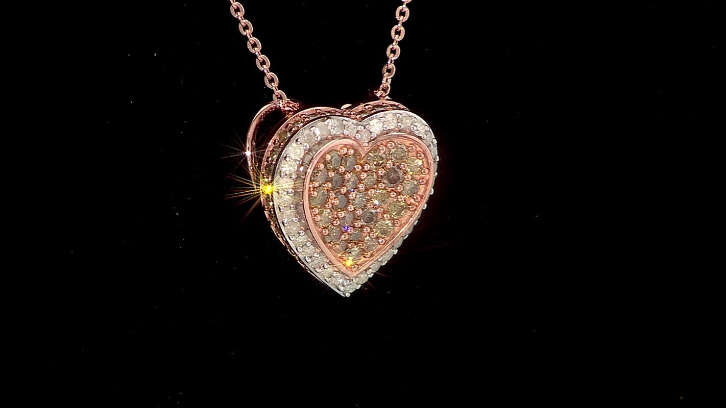 D'Joy Natural Champagne Diamond 1.00 ctw Romantic Heart Pendant Necklace in 18K Vermeil Rose Gold Over Sterling Silver 20 Inches