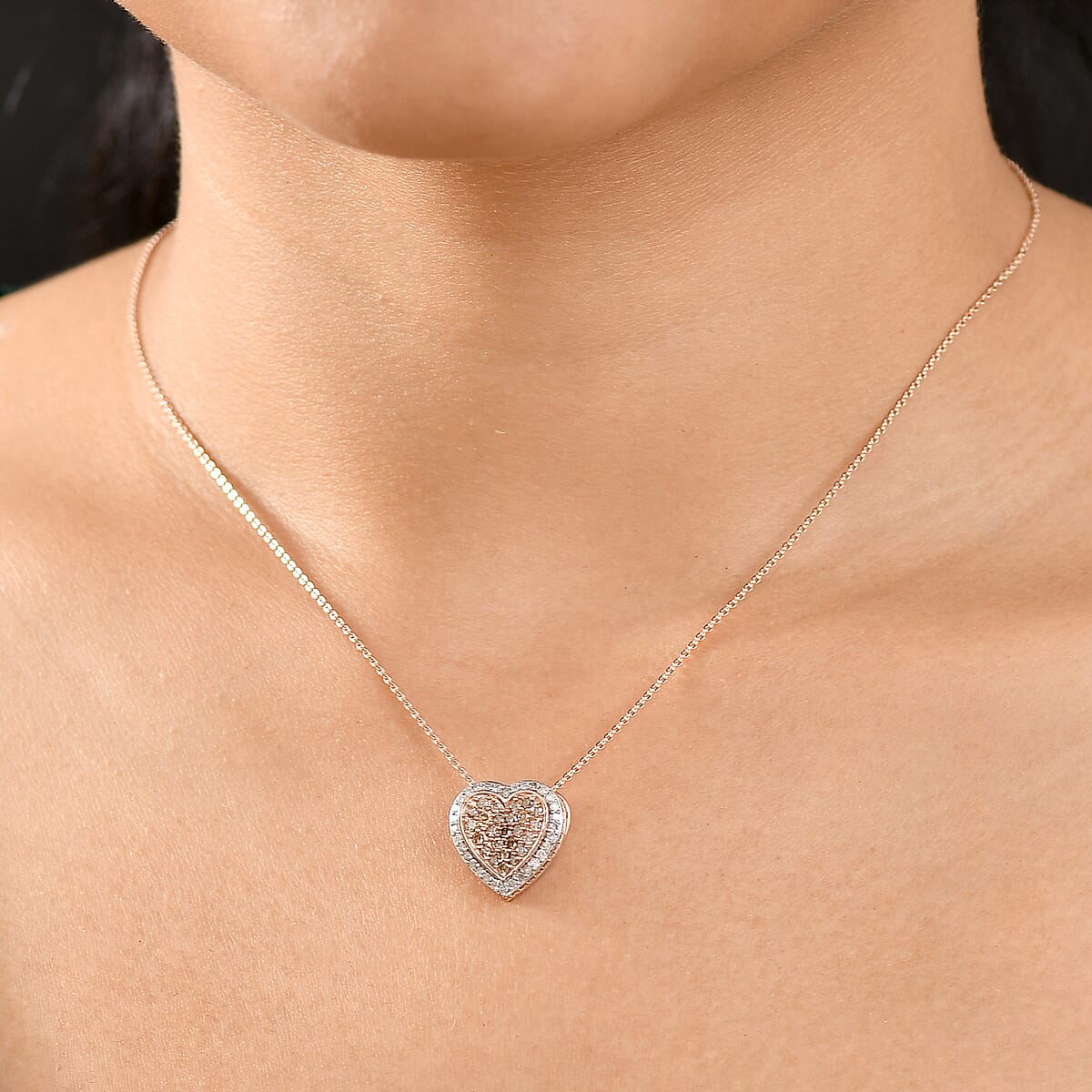 D'Joy Natural Champagne Diamond 1.00 ctw Romantic Heart Pendant Necklace in 18K Vermeil Rose Gold Over Sterling Silver 20 Inches image number 2