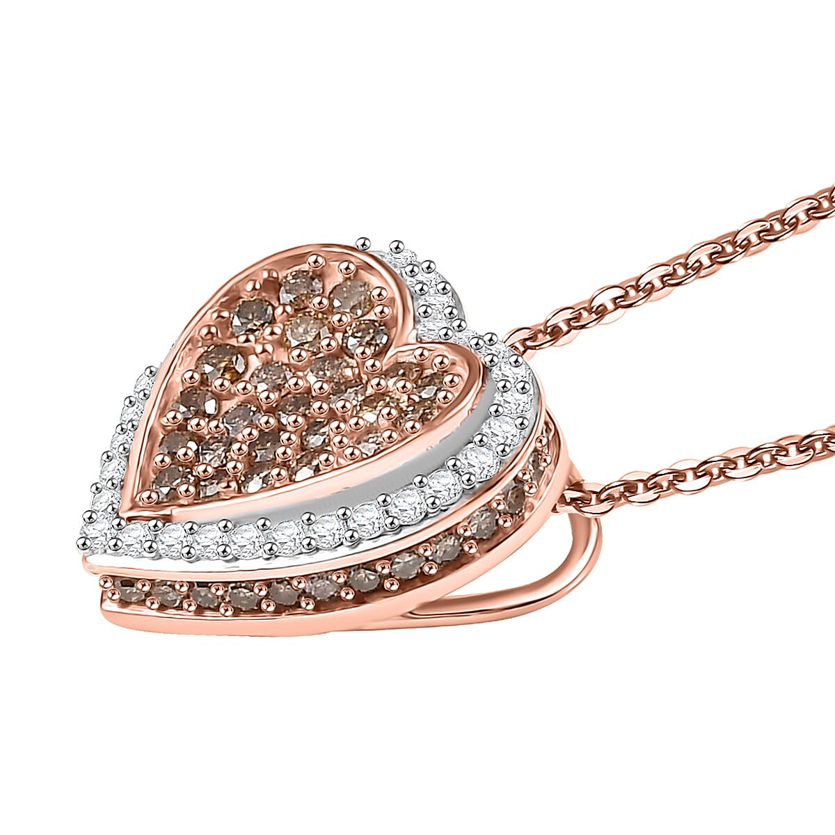 D'Joy Natural Champagne Diamond 1.00 ctw Romantic Heart Pendant Necklace in 18K Vermeil Rose Gold Over Sterling Silver 20 Inches image number 3