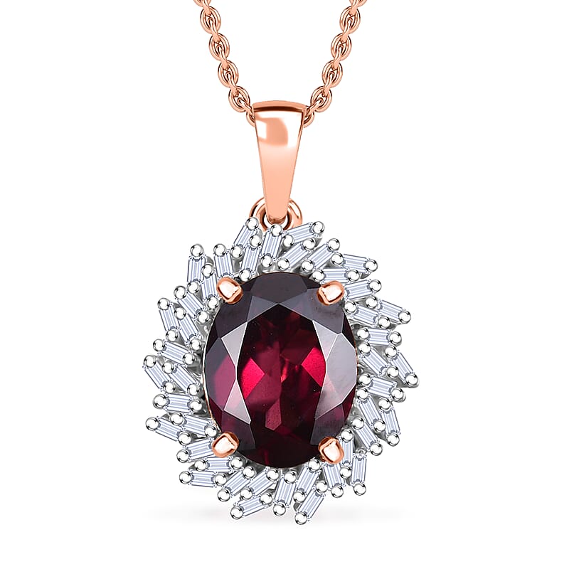 Luxoro AAA Radiant Ember Garnet and I2 Diamond 2.45 ctw Fire and Grace Pendant Necklace 20 Inches in 10K Rose Gold