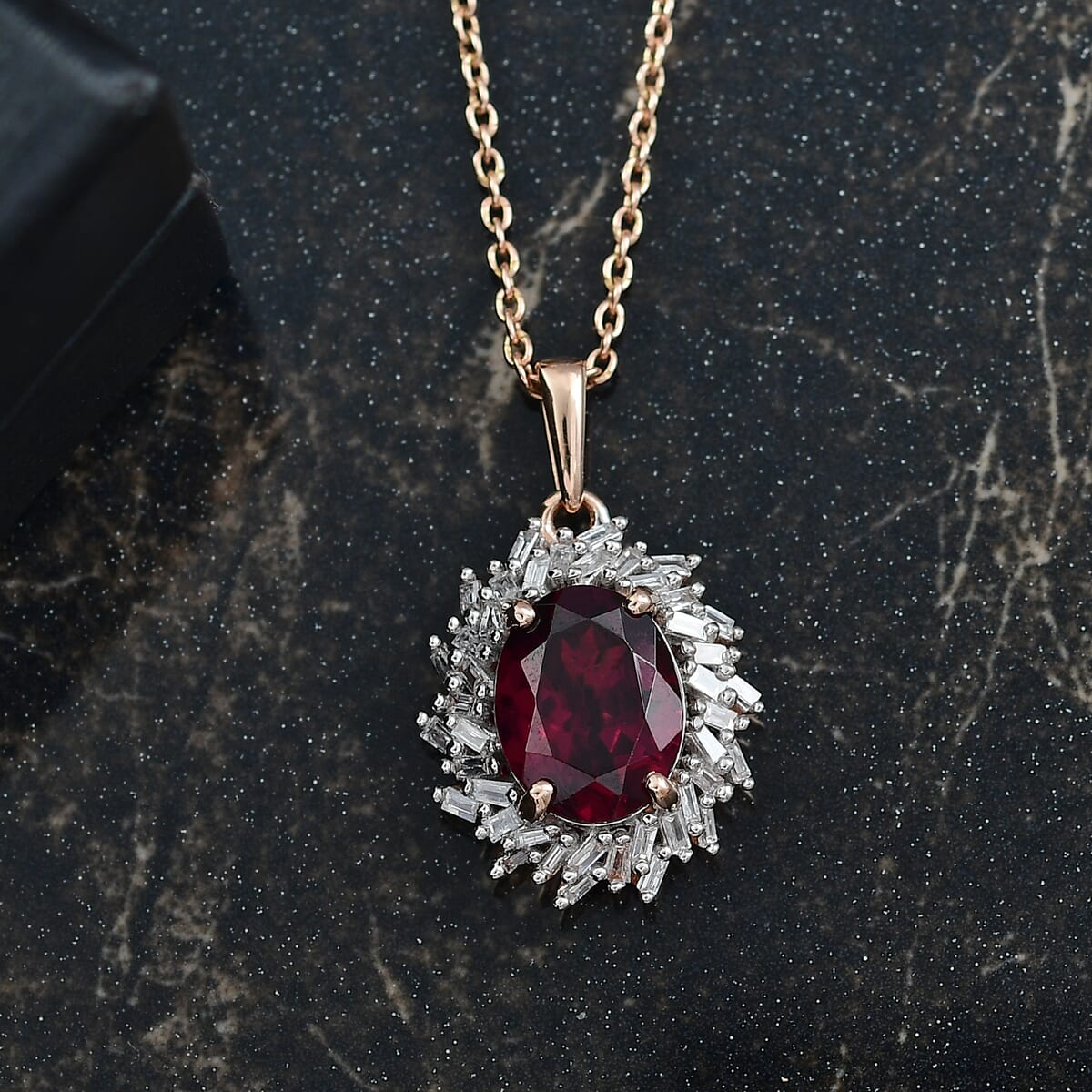 Luxoror AAA Radiant Ember Garnet and I2 Diamond 2.32 ctw Fire and Grace Pendant Necklace 20 Inches in 10K Rose Gold  image number 1