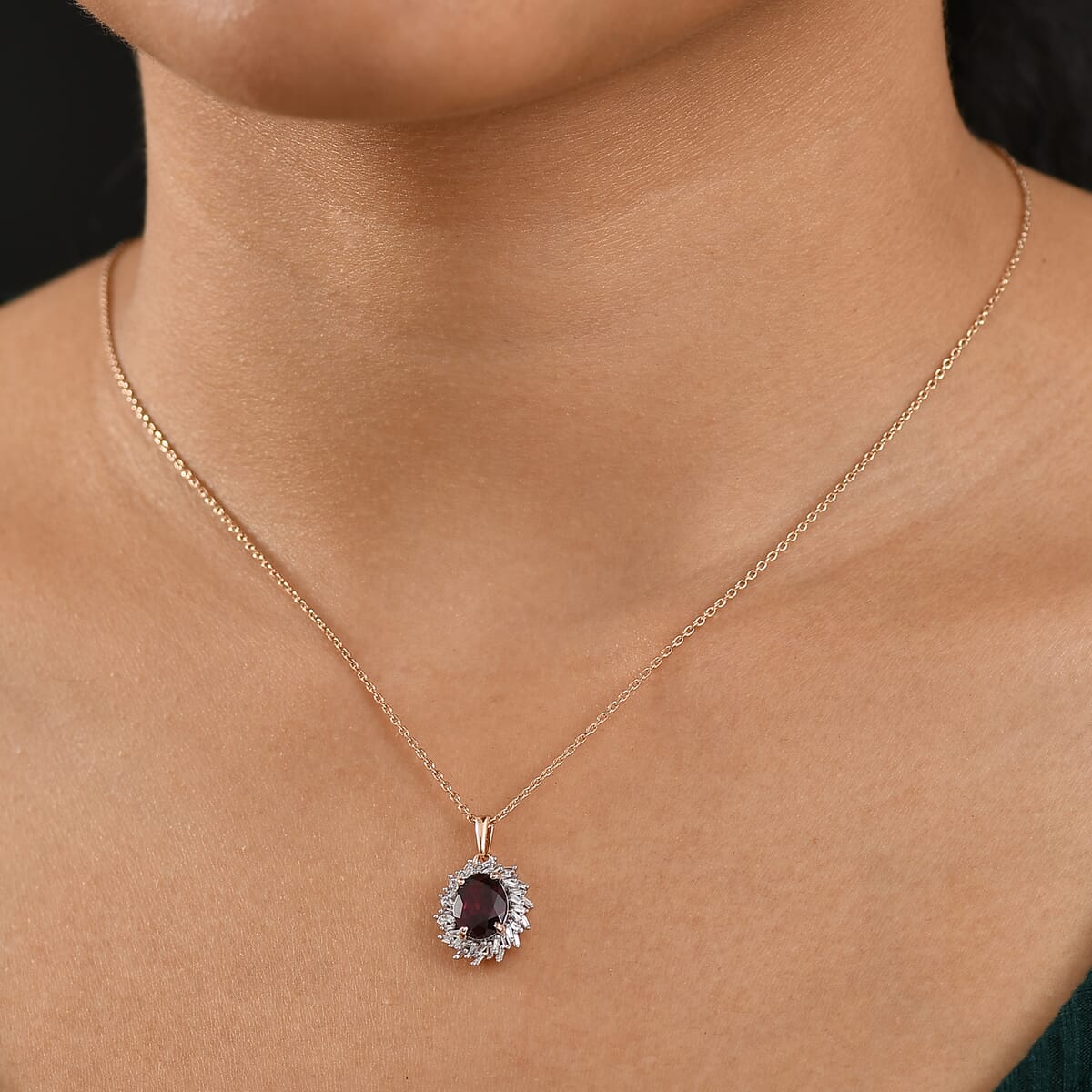 Luxoror AAA Radiant Ember Garnet and I2 Diamond 2.32 ctw Fire and Grace Pendant Necklace 20 Inches in 10K Rose Gold  image number 2