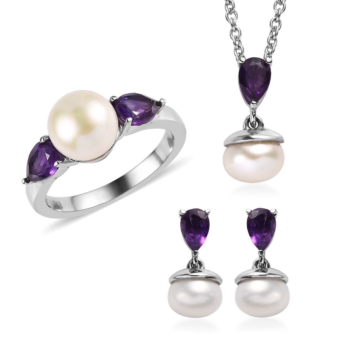 Ever True White Freshwater Pearl, African Amethyst Twilight Elegance Earrings, Ring (Size 5), Pendant Necklace (20 Inches) in Stainless Steel 1.90 ctw image number 0