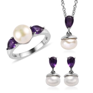 EverTrue White Freshwater Pearl, African Amethyst 1.90 ctw Twilight Elegance Earrings, Ring (Size 5) and Pendant Necklace 20 Inches in Stainless Steel 
