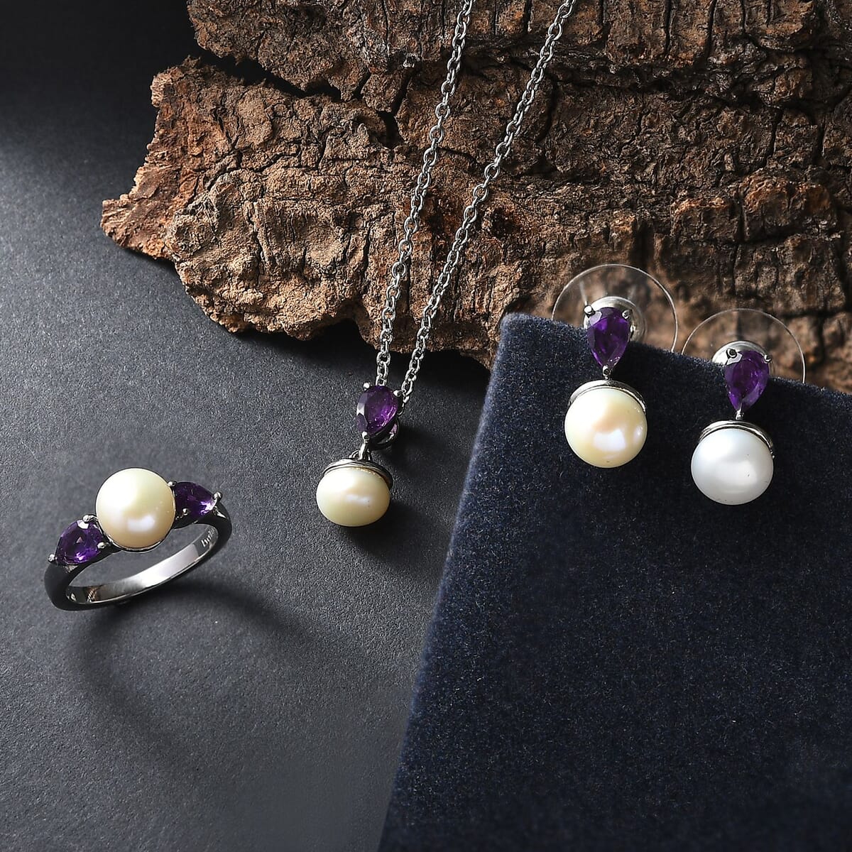 Ever True White Freshwater Pearl, African Amethyst Twilight Elegance Earrings, Ring (Size 5), Pendant Necklace (20 Inches) in Stainless Steel 1.90 ctw image number 1