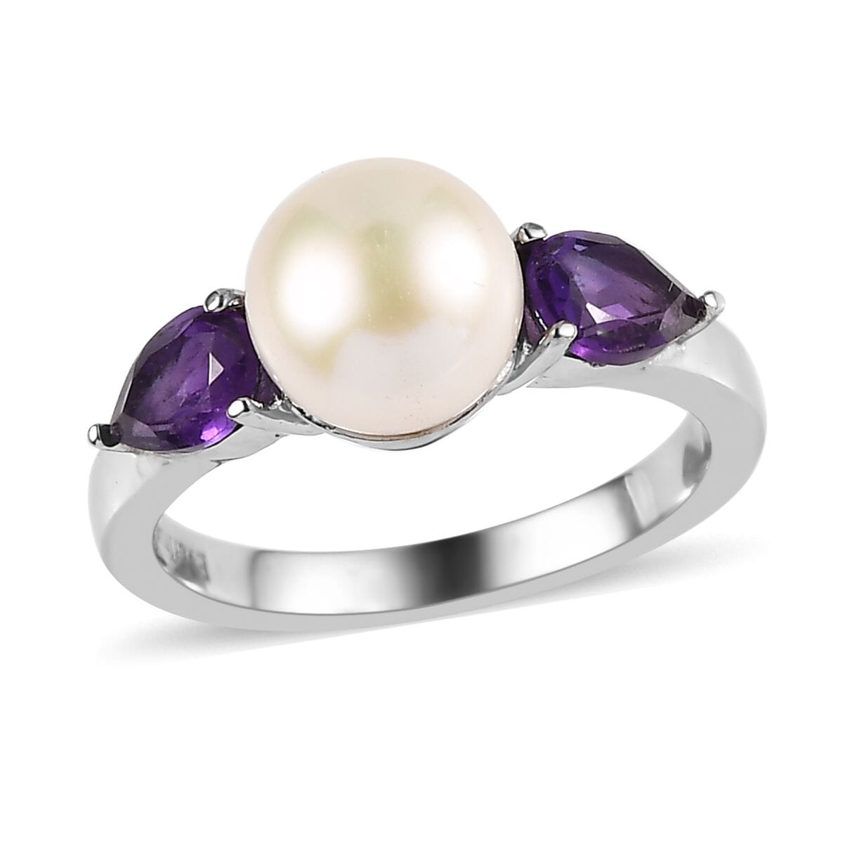 Ever True White Freshwater Pearl, African Amethyst Twilight Elegance Earrings, Ring (Size 5), Pendant Necklace (20 Inches) in Stainless Steel 1.90 ctw image number 3