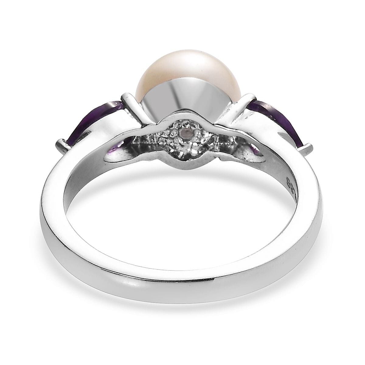 EverTrue White Freshwater Pearl, African Amethyst 1.90 ctw Twilight Elegance Earrings, Ring (Size 5) and Pendant Necklace 20 Inches in Stainless Steel 