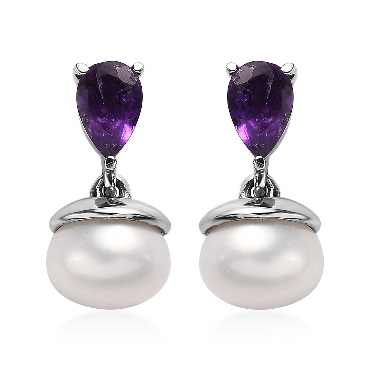 EverTrue White Freshwater Pearl, African Amethyst 1.90 ctw Twilight Elegance Earrings, Ring (Size 5) and Pendant Necklace 20 Inches in Stainless Steel 