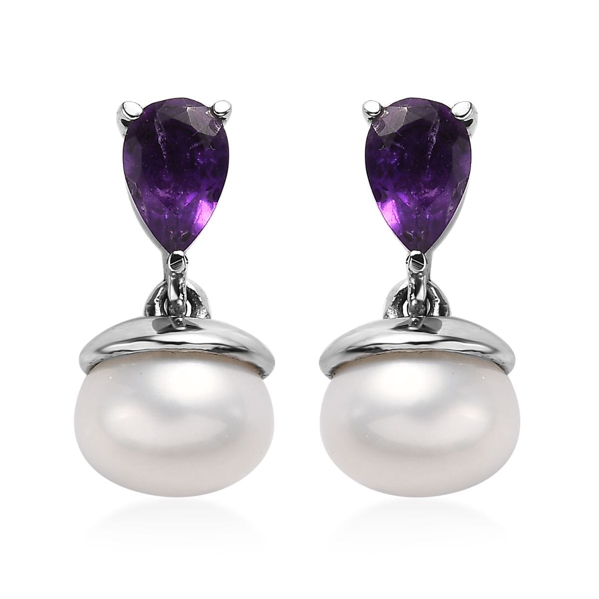 Ever True White Freshwater Pearl, African Amethyst Twilight Elegance Earrings, Ring (Size 5), Pendant Necklace (20 Inches) in Stainless Steel 1.90 ctw image number 7