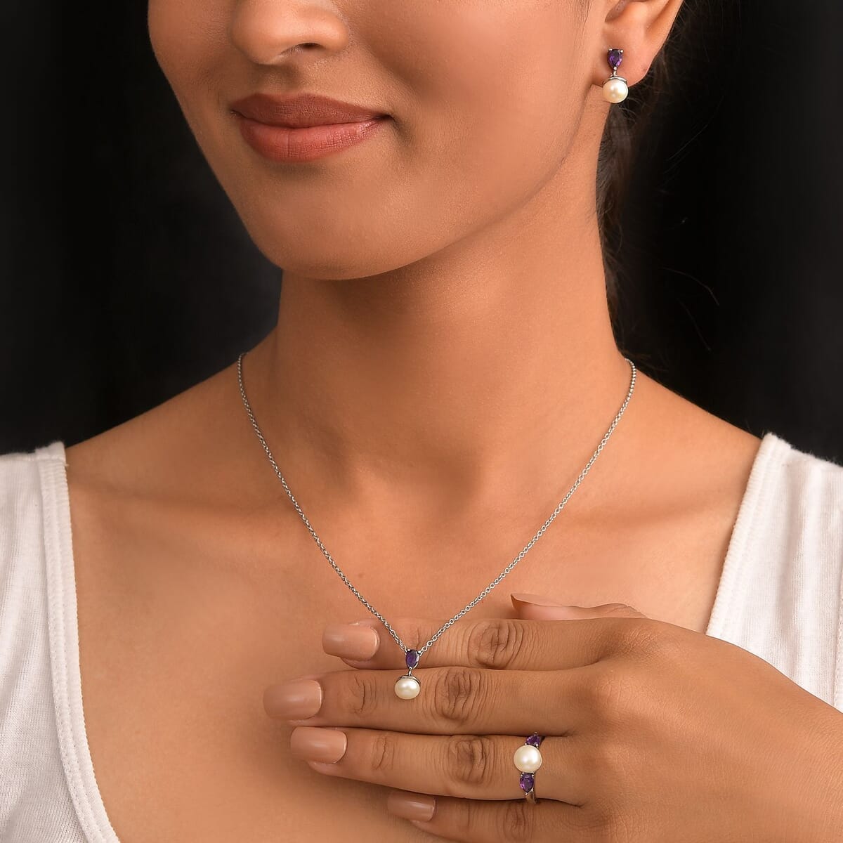 Ever True White Freshwater Pearl, African Amethyst 1.90 ctw Twilight Elegance Earrings, Ring (Size 6) and Pendant Necklace 20 Inches in Stainless Steel  image number 2