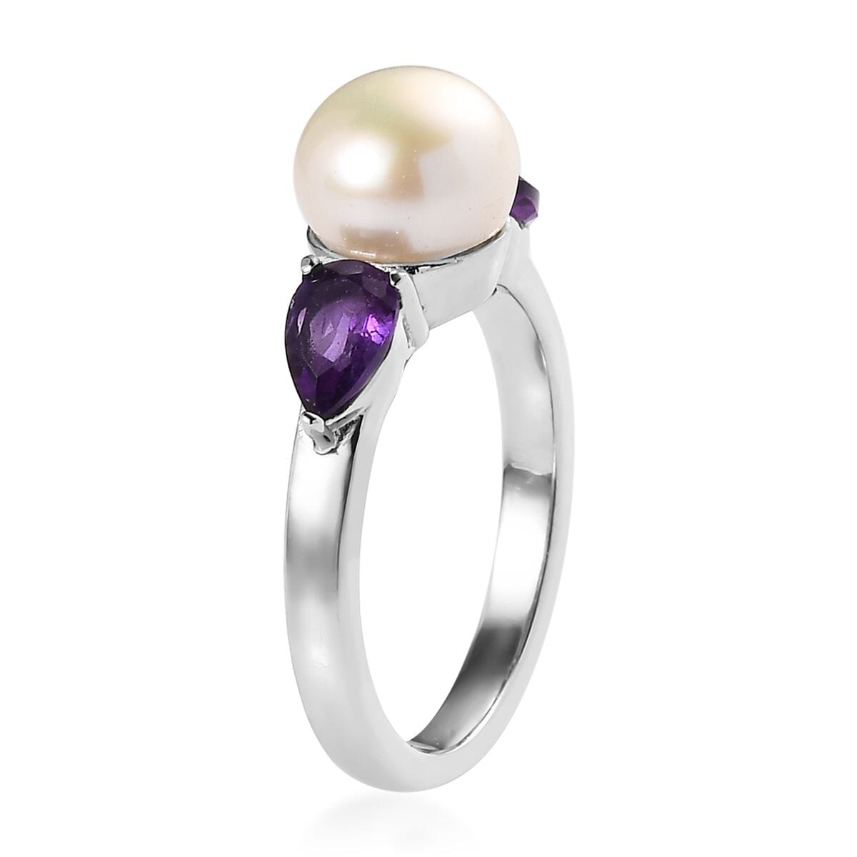 Ever True White Freshwater Pearl, African Amethyst 1.90 ctw Twilight Elegance Earrings, Ring (Size 6) and Pendant Necklace 20 Inches in Stainless Steel  image number 4