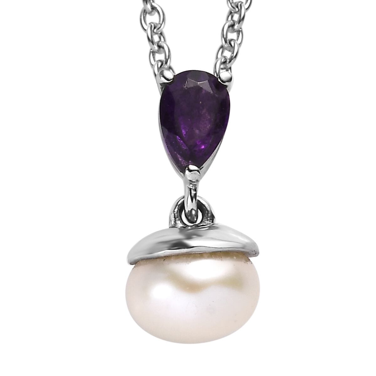 Ever True White Freshwater Pearl, African Amethyst 1.90 ctw Twilight Elegance Earrings, Ring (Size 6) and Pendant Necklace 20 Inches in Stainless Steel  image number 6