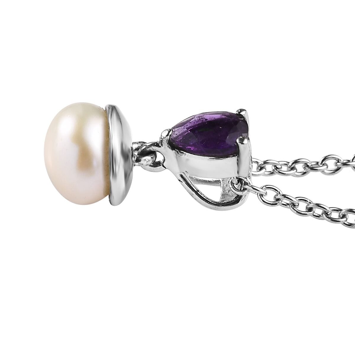 Ever True White Freshwater Pearl, African Amethyst 1.90 ctw Twilight Elegance Earrings, Ring (Size 6) and Pendant Necklace 20 Inches in Stainless Steel  image number 7