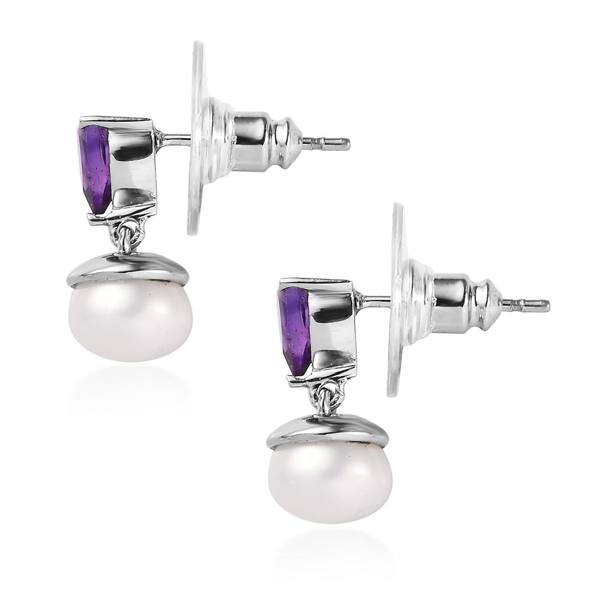 Ever True White Freshwater Pearl, African Amethyst 1.90 ctw Twilight Elegance Earrings, Ring (Size 6) and Pendant Necklace 20 Inches in Stainless Steel  image number 8