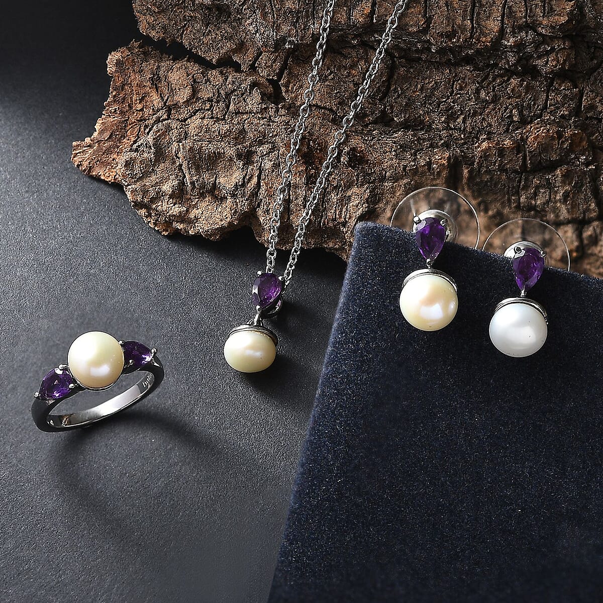 EverTrue White Freshwater Pearl, African Amethyst 1.90 ctw Twilight Elegance Earrings, Ring (Size 8) and Pendant Necklace 20 Inches in Stainless Steel  image number 1