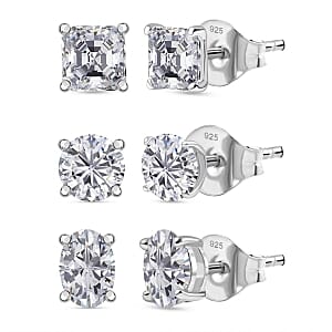 Moissanite 2.82 ctw Set of 3 Solitaire Stud Earrings in Rhodium Over Sterling Silver