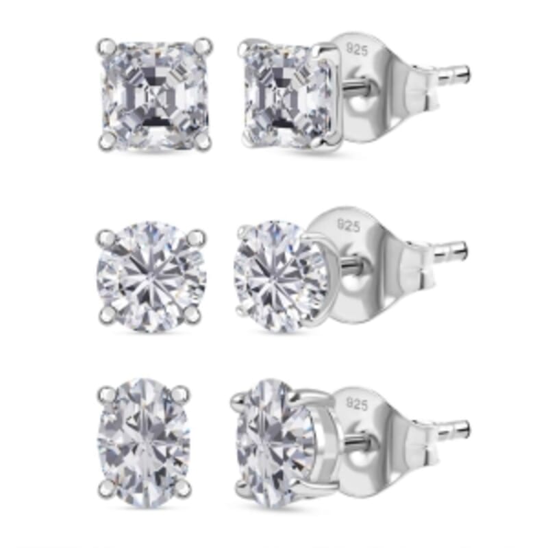Moissanite 2.82 ctw Set of 3 Solitaire Stud Earrings in Rhodium Over Sterling Silver