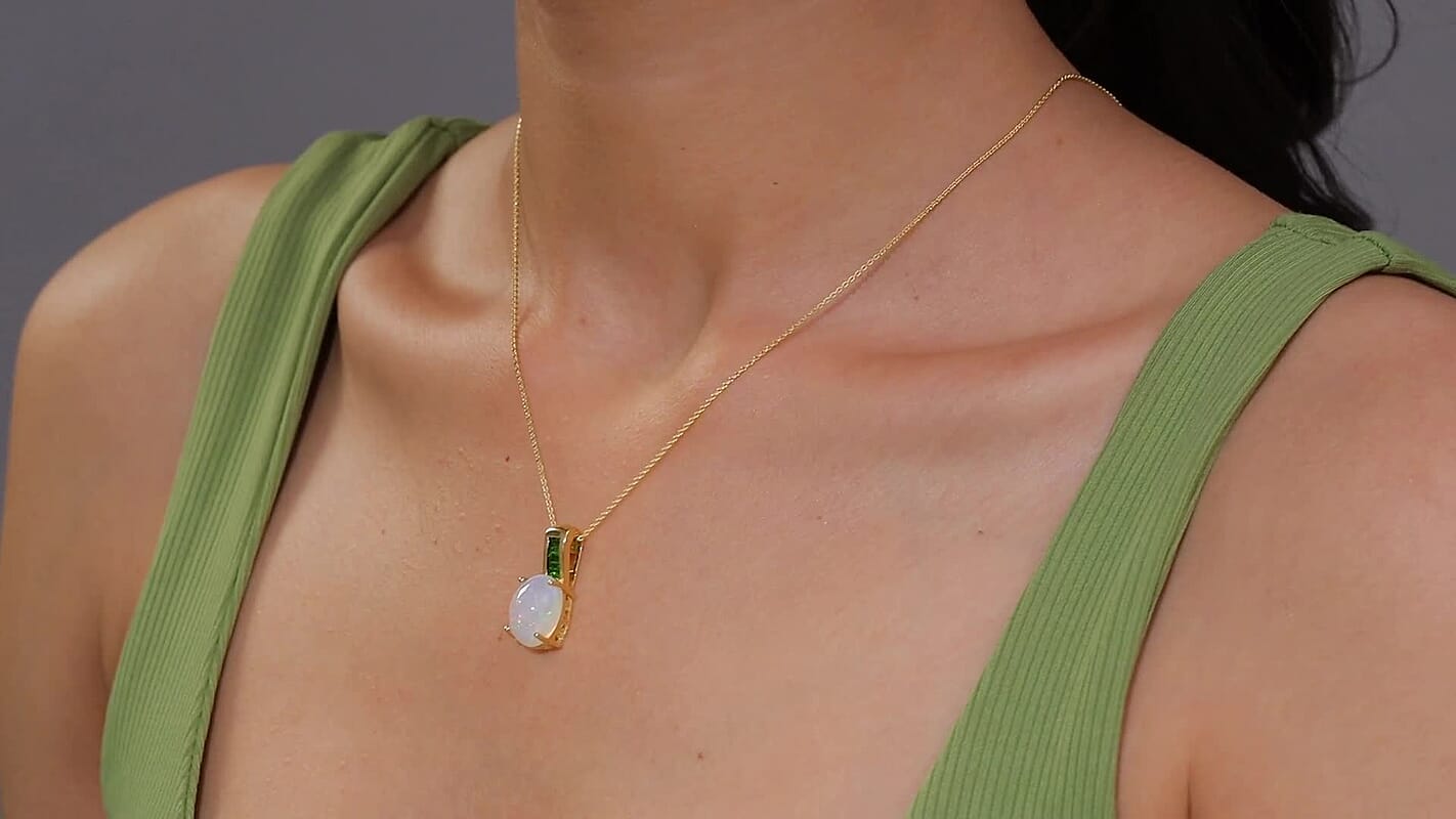 D'Joy Premium Ethiopian Welo Opal and Chrome Diopside 4.15 ctw Staircase Pendant Necklace in 18K Vermeil Yellow Gold Over Sterling Silver 20 Inches