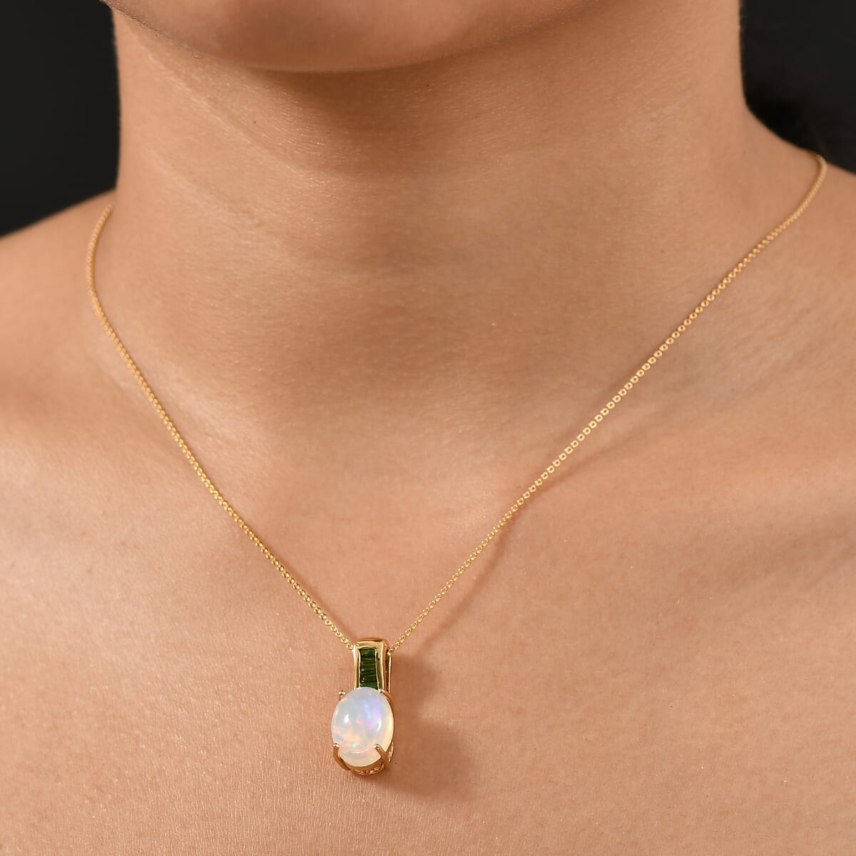 D'Joy Premium Ethiopian Welo Opal and Chrome Diopside 4.25 ctw Dreamlight Pendant Necklace in 18K Vermeil Yellow Gold Over Sterling Silver 20 Inches image number 2