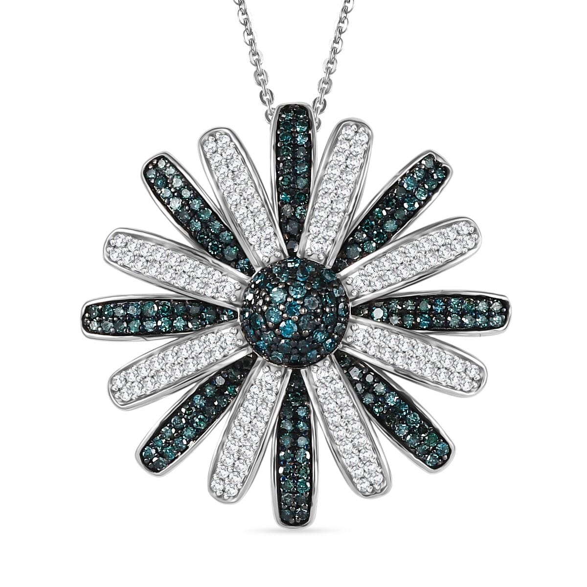 D’Joy White and Blue Diamond (IR) 1.50 ctw Midnight Bloom Flower Pendant Necklace in Rhodium Over Sterling Silver 20 Inches image number 0