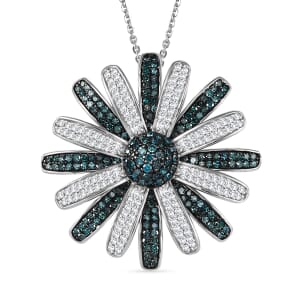 D’Joy White and Blue Diamond (IR) 1.50 ctw Midnight Bloom Flower Pendant Necklace in Rhodium Over Sterling Silver 20 Inches