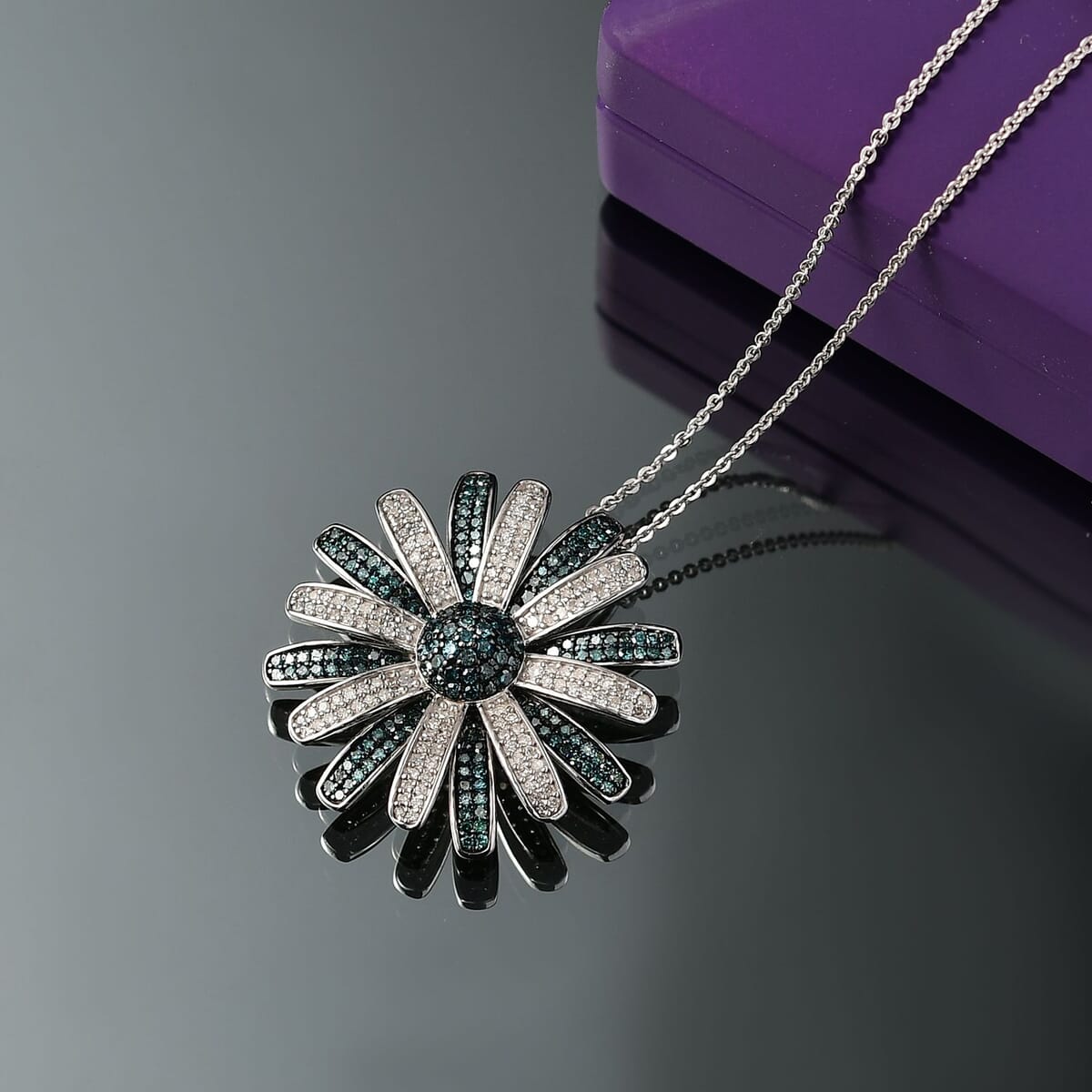 D’Joy White and Blue Diamond (IR) 1.50 ctw Midnight Bloom Flower Pendant Necklace in Rhodium Over Sterling Silver 20 Inches image number 1