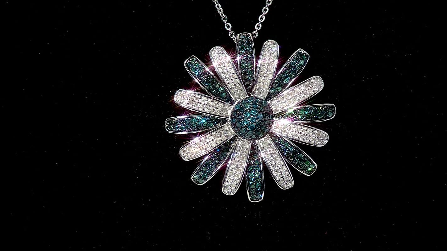 D'Joy White and Blue Diamond (IR) 1.50 ctw Midnight Bloom Flower Pendant Necklace in Rhodium Over Sterling Silver 20 Inches