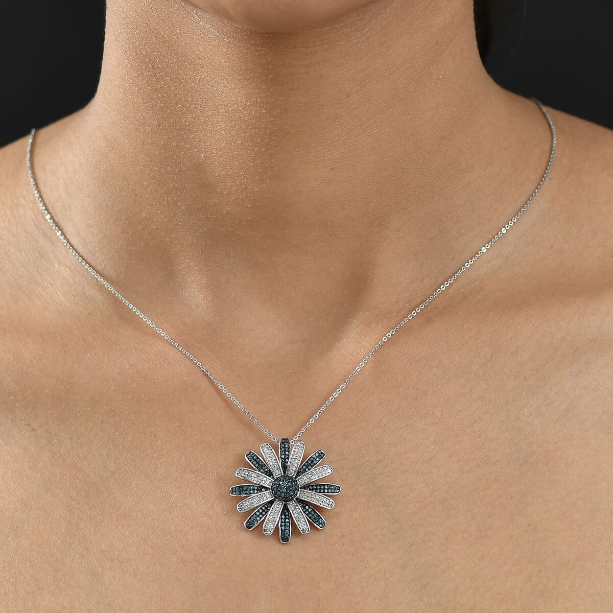 D’Joy White and Blue Diamond (IR) 1.50 ctw Midnight Bloom Flower Pendant Necklace in Rhodium Over Sterling Silver 20 Inches image number 2