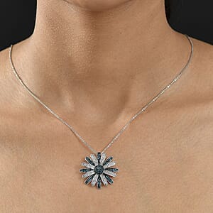 D'Joy White and Blue Diamond (IR) 1.50 ctw Midnight Bloom Flower Pendant Necklace in Rhodium Over Sterling Silver 20 Inches