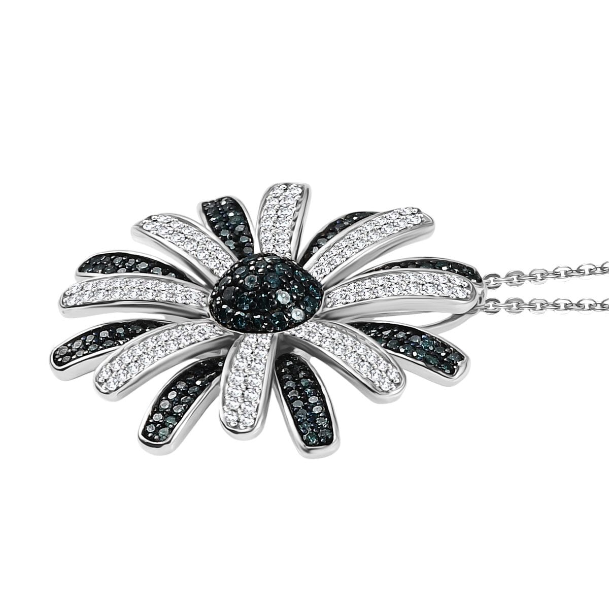 D’Joy White and Blue Diamond (IR) 1.50 ctw Midnight Bloom Flower Pendant Necklace in Rhodium Over Sterling Silver 20 Inches image number 3