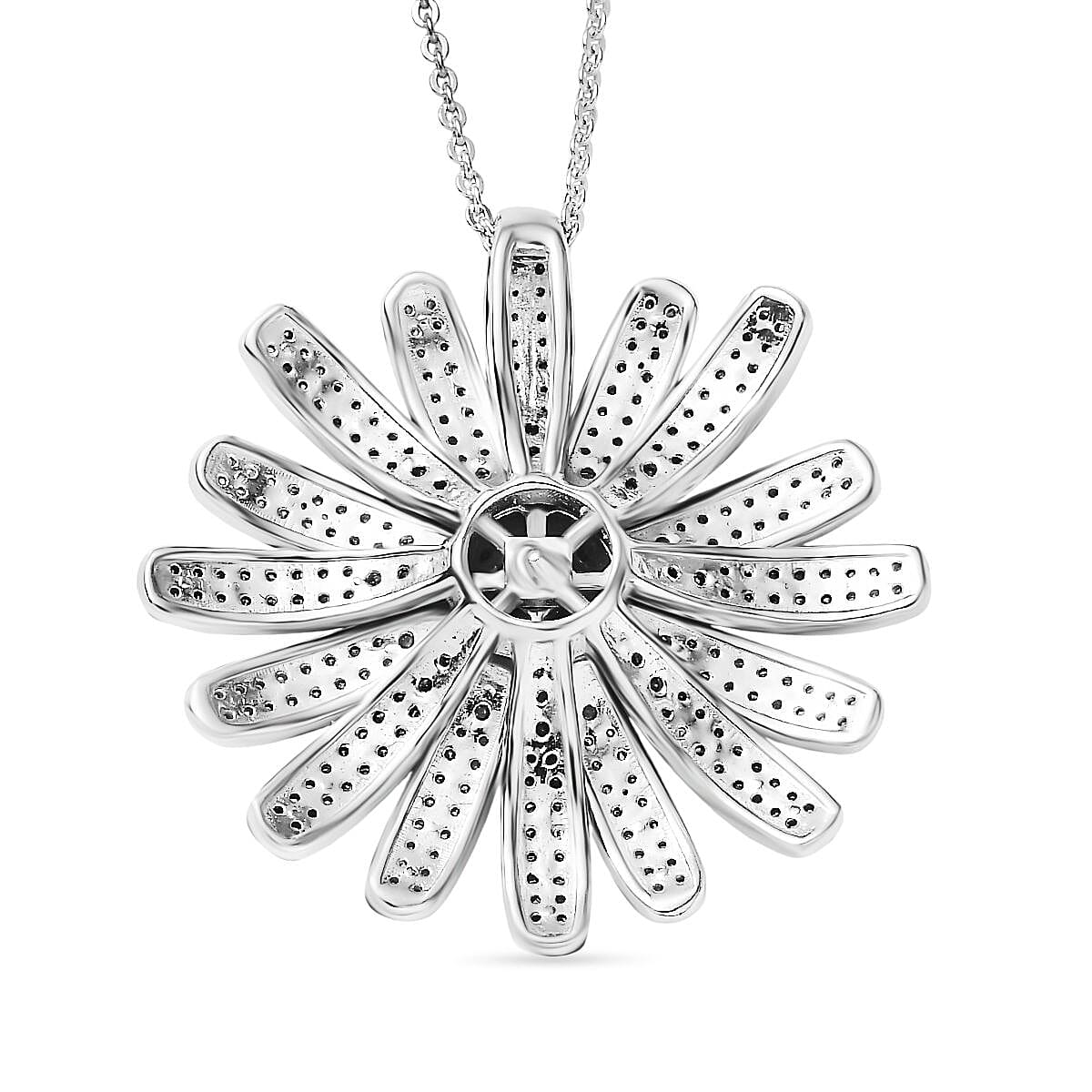 D'Joy White and Blue Diamond (IR) 1.50 ctw Midnight Bloom Flower Pendant Necklace in Rhodium Over Sterling Silver 20 Inches
