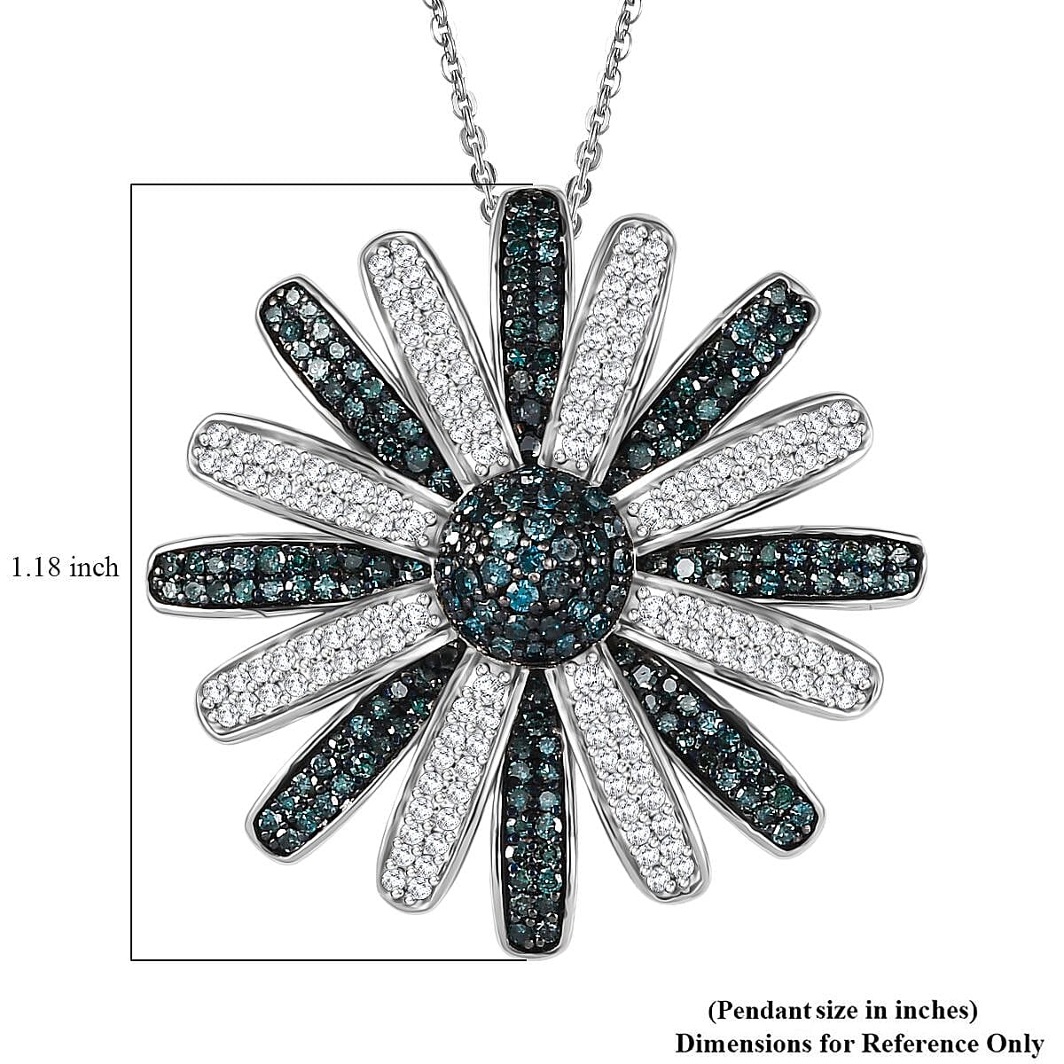 D'Joy White and Blue Diamond (IR) 1.50 ctw Midnight Bloom Flower Pendant Necklace in Rhodium Over Sterling Silver 20 Inches