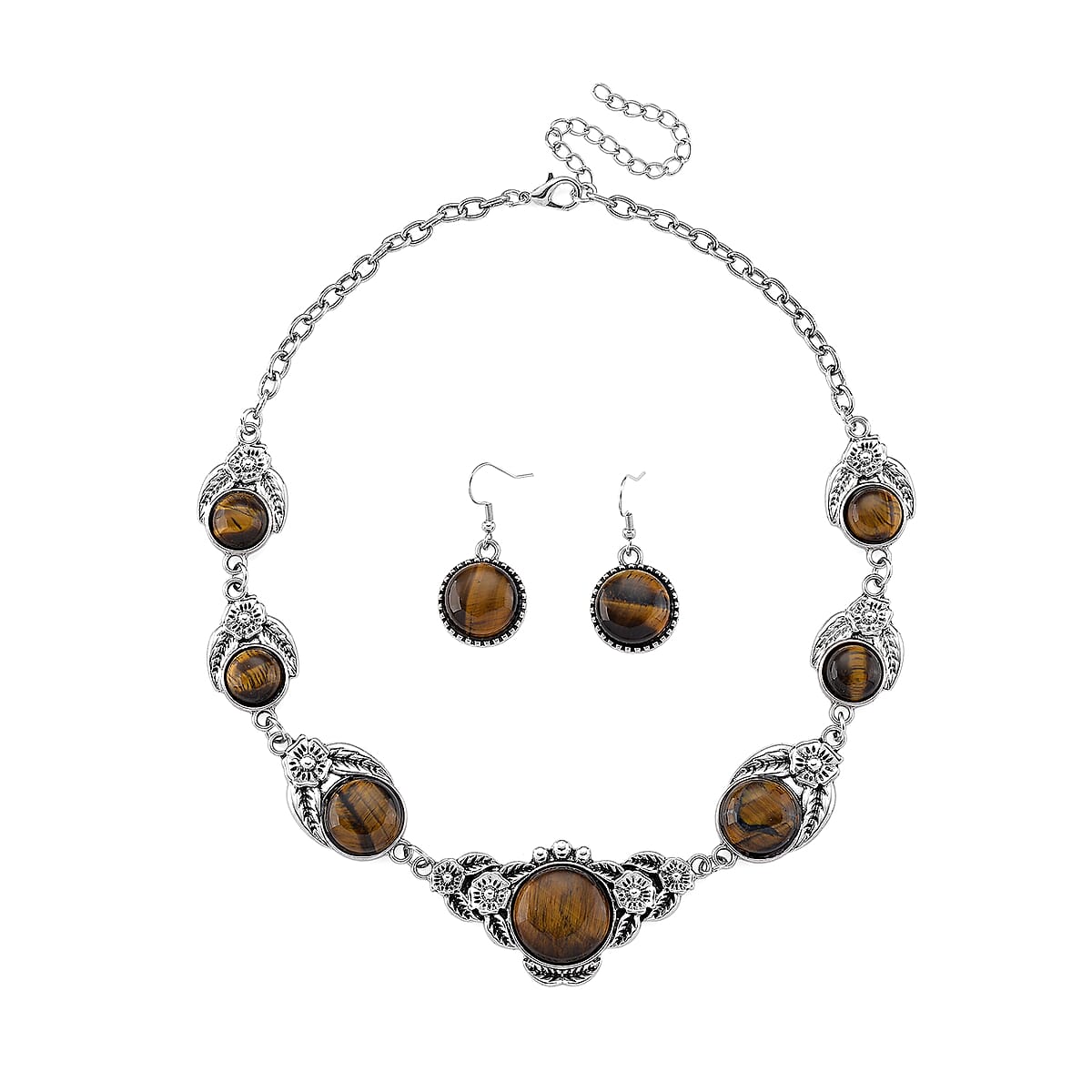 Tigers Eye 160.00 ctw Necklace 17-20 Inches and Earrings in Silvertone image number 0