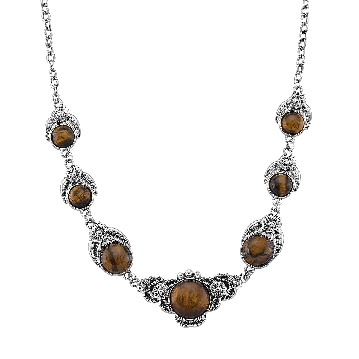 Tigers Eye 160.00 ctw Necklace 17-20 Inches and Earrings in Silvertone image number 2