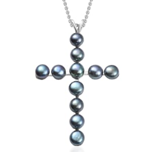 D'Joy Peacock Freshwater Pearl Cross Pendant in Sterling Silver with Stainless Steel Necklace 20 Inches