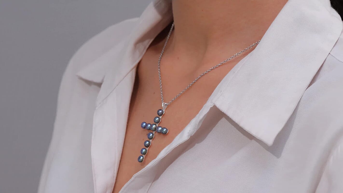 D'Joy Peacock Freshwater Pearl line of Faith Cross Pendant in Sterling Silver with Stainless Steel Necklace 20 Inches