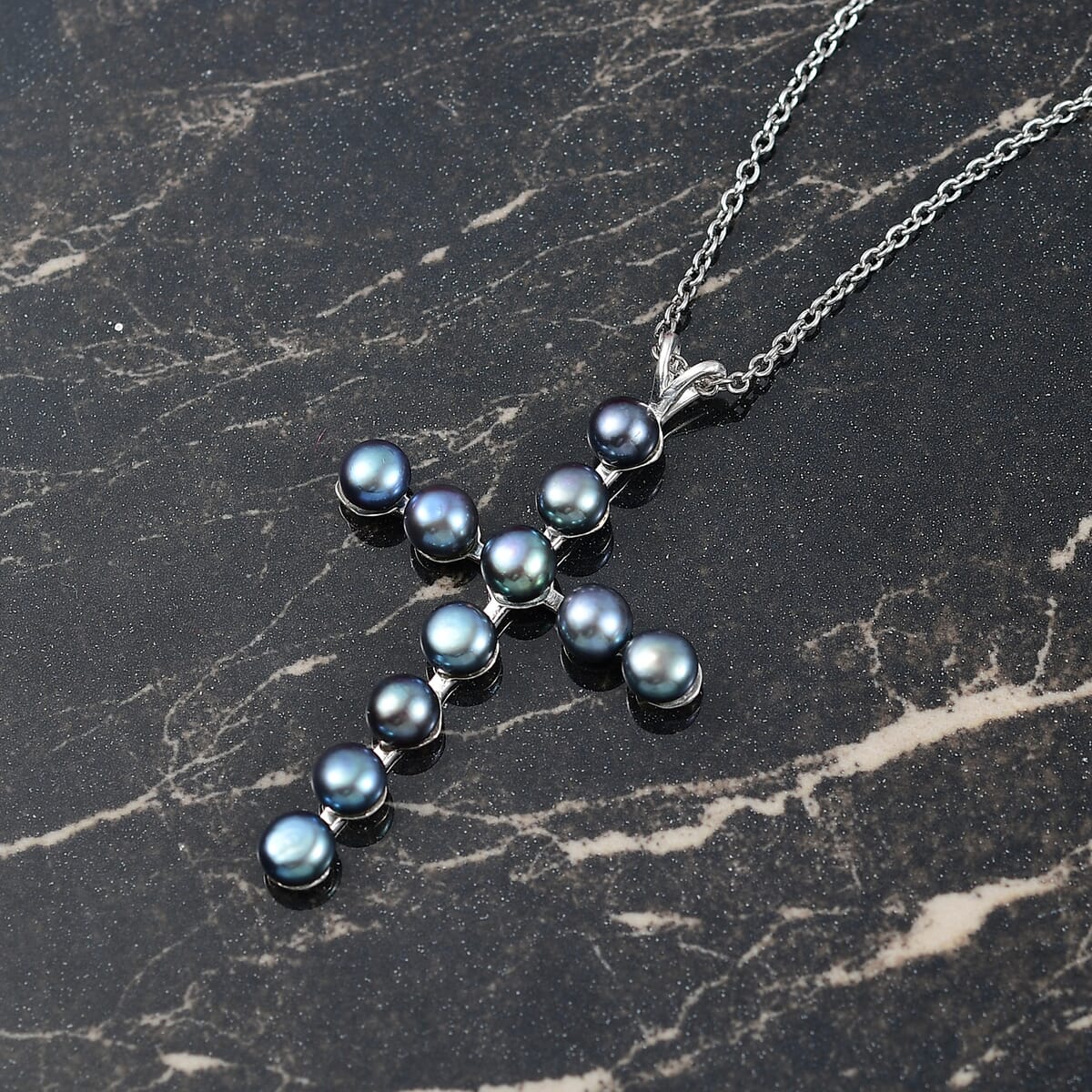 D'Joy Peacock Freshwater Pearl Cross Pendant in Sterling Silver with Stainless Steel Necklace 20 Inches image number 1