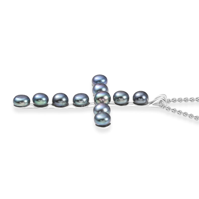 D'Joy Peacock Freshwater Pearl line of Faith Cross Pendant in Sterling Silver with Stainless Steel Necklace 20 Inches