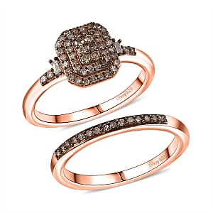 D'Joy Set of 2 Natural Champagne Diamond 0.50 ctw Art Deco Stackable Ring in 18K Vermeil Rose Gold Over Sterling Silver (Size 8)
