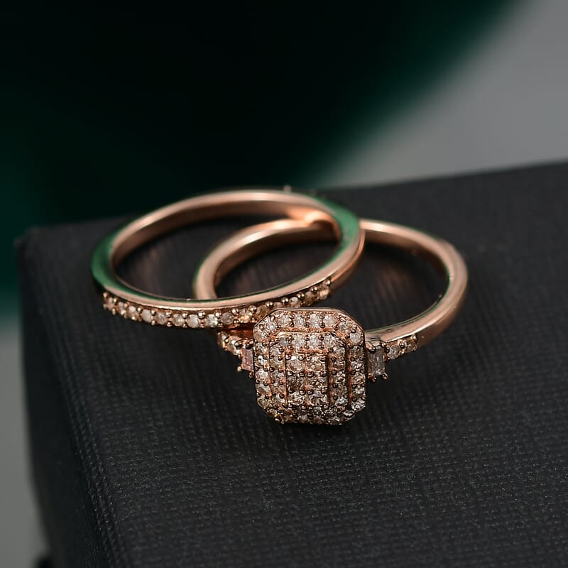 D'Joy Set of 2 Natural Champagne Diamond 0.50 ctw Art Deco Stackable Ring in 18K Vermeil Rose Gold Over Sterling Silver (Size 8)