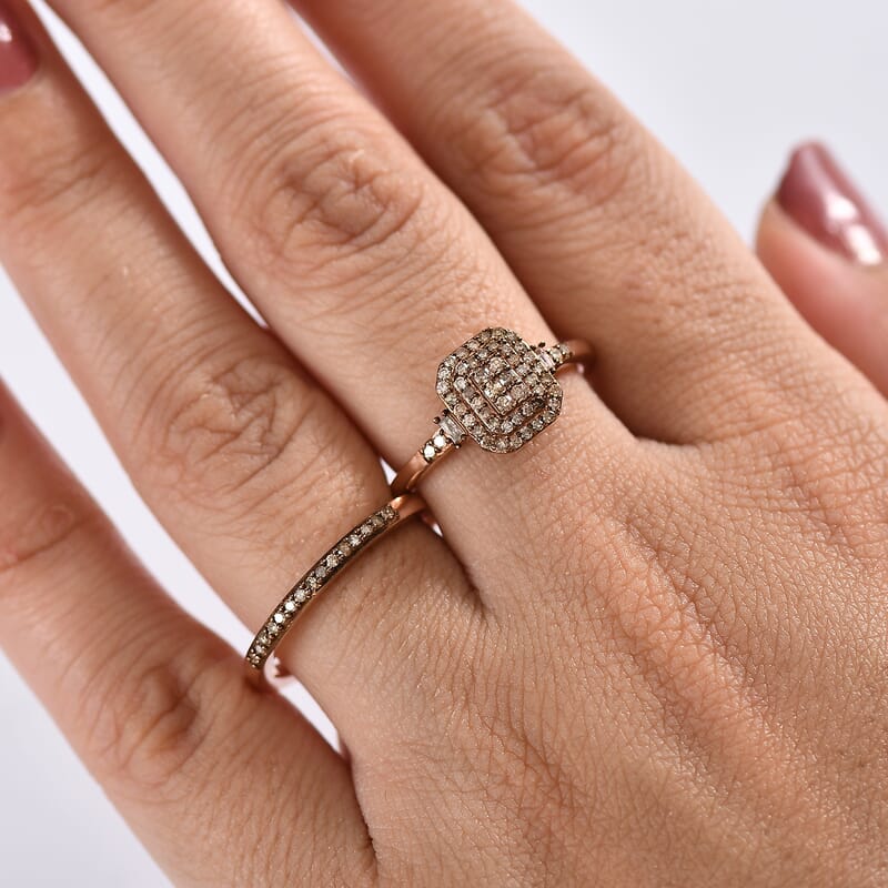 D'Joy Set of 2 Natural Champagne Diamond 0.50 ctw Art Deco Stackable Ring in 18K Vermeil Rose Gold Over Sterling Silver (Size 8)