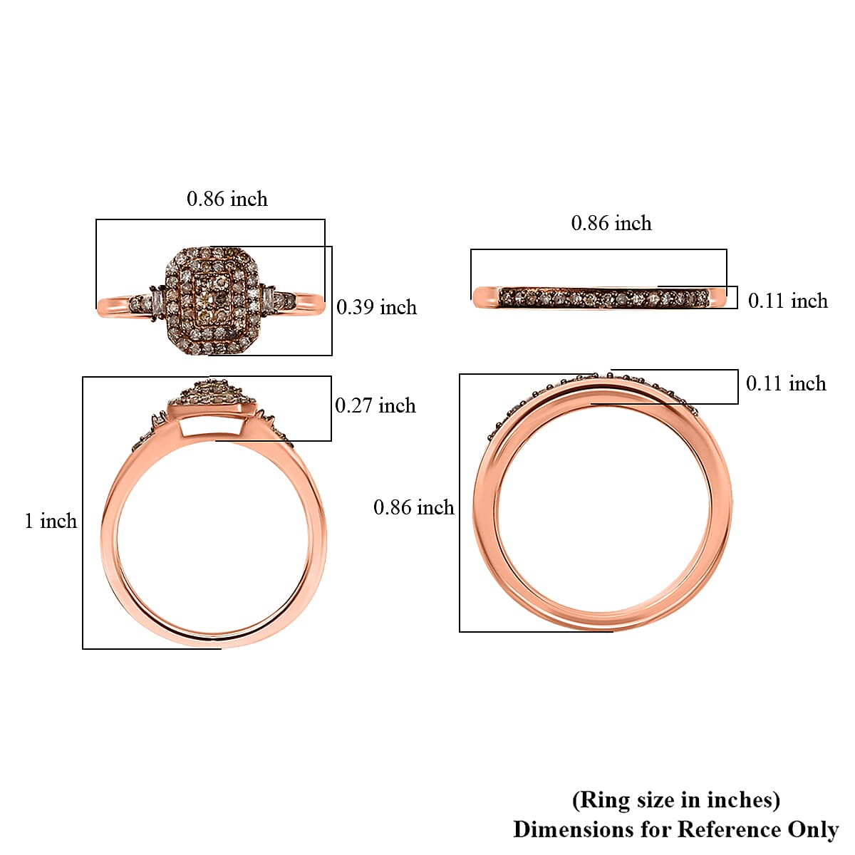 D'Joy Set of 2 Natural Champagne Diamond 0.50 ctw Art Deco Stackable Ring in 18K Vermeil Rose Gold Over Sterling Silver (Size 8)