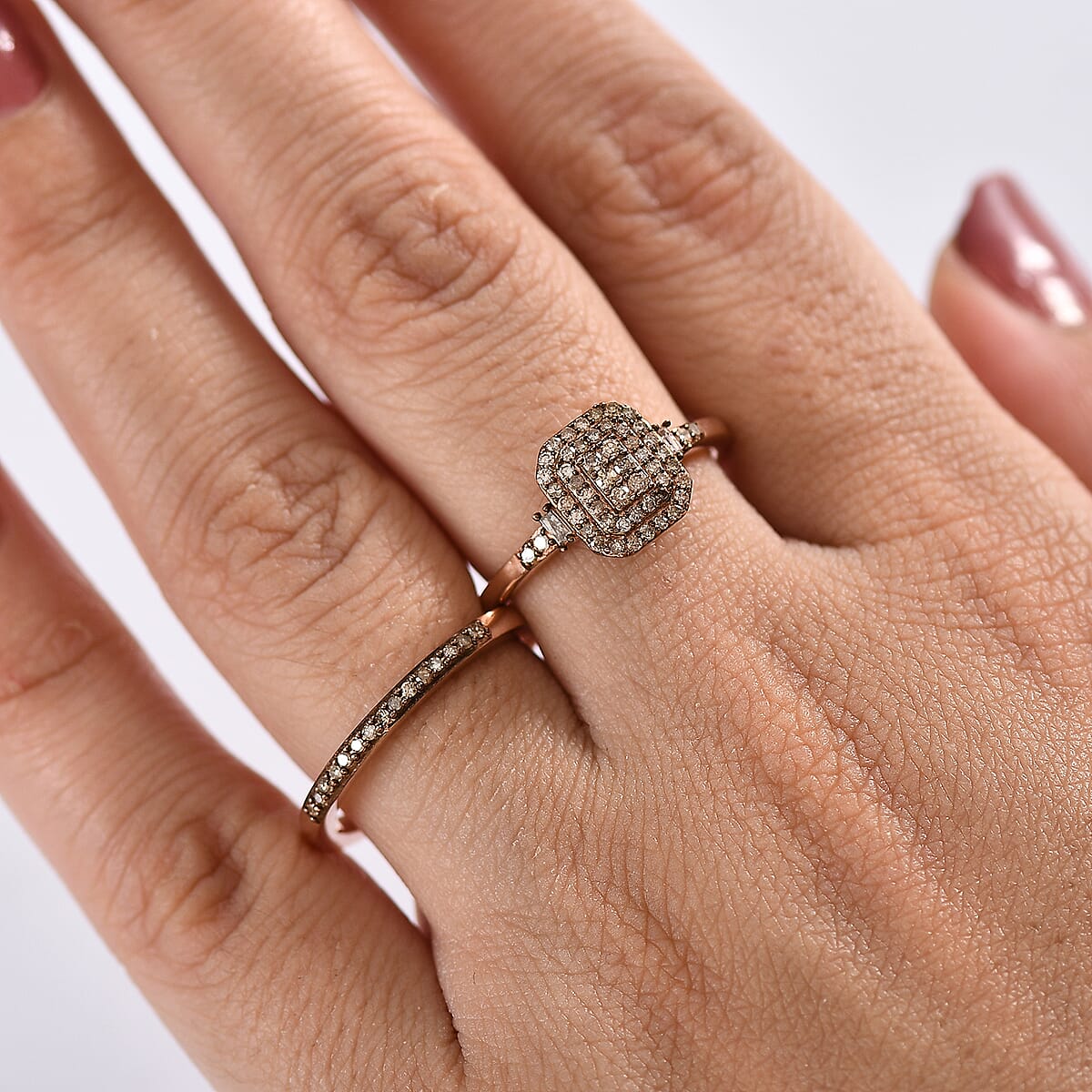 D'Joy Set of 2 Natural Champagne Diamond 0.50 ctw Art Deco Stackable Ring in 18K Vermeil Rose Gold Over Sterling Silver (Size 10) image number 2