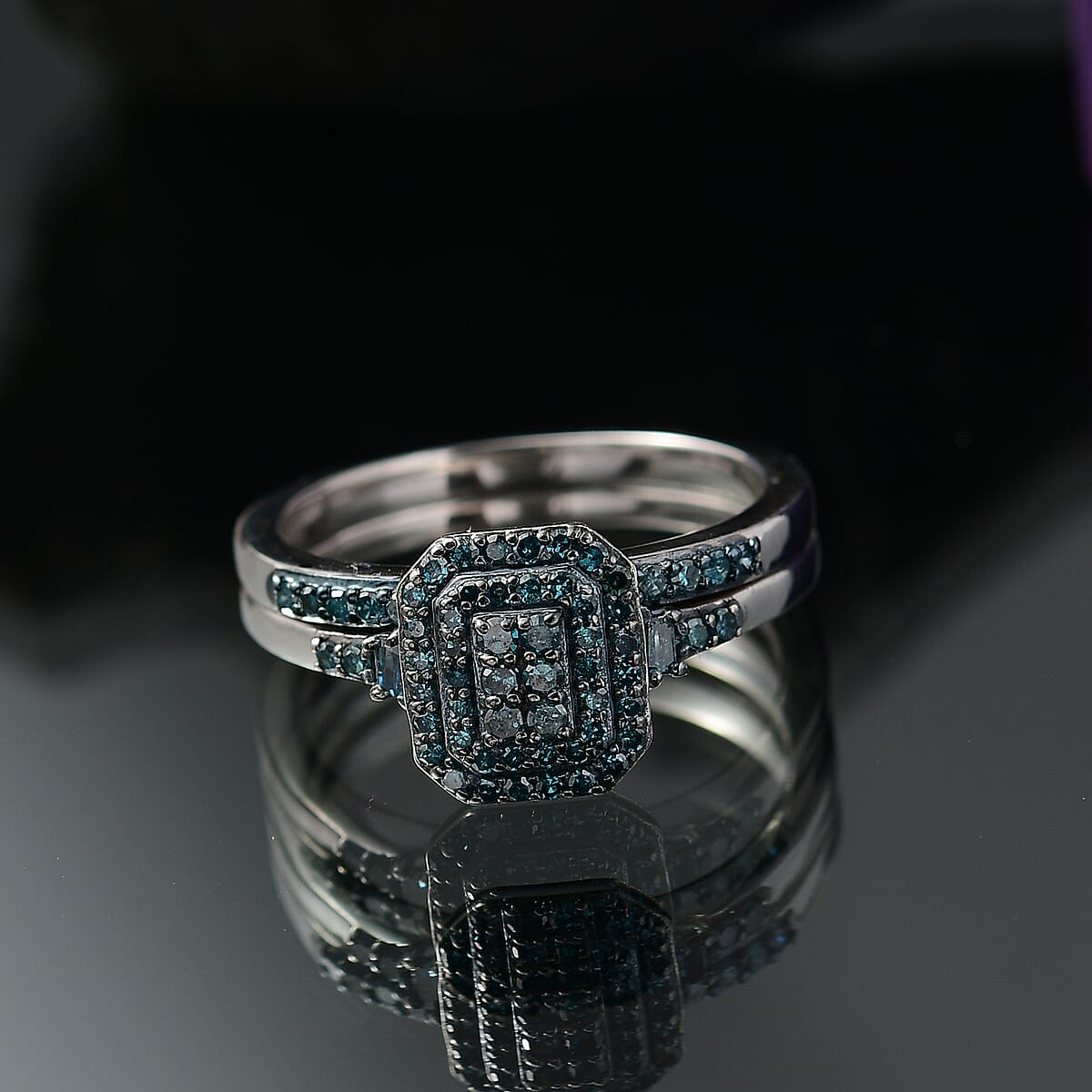 D'Joy Set of 2 Blue Diamond 0.50 ctw Art Deco Stackable Ring in Rhodium Over Sterling Silver (Size 7) image number 1