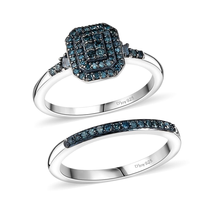 D'Joy Set of 2 Blue Diamond 0.50 ctw Art Deco Stackable Ring in Rhodium Over Sterling Silver (Size 9)