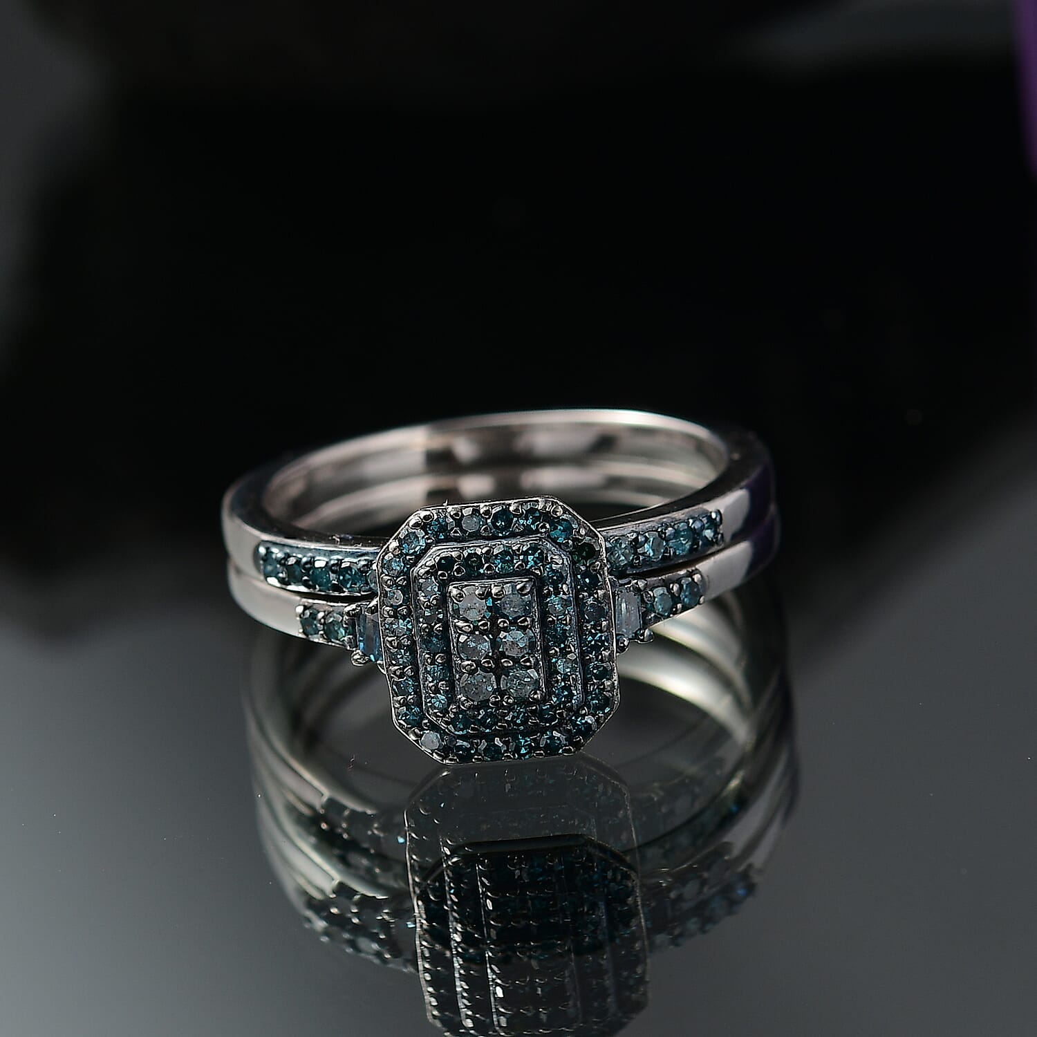 D'Joy Set of 2 Blue Diamond 0.50 ctw Art Deco Stackable Ring in Rhodium Over Sterling Silver (Size 9)